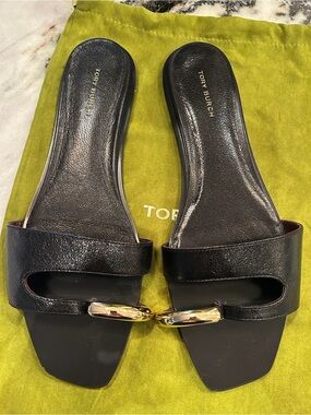 Tory Burch Black Leather Slide Mules with Gold Hardware